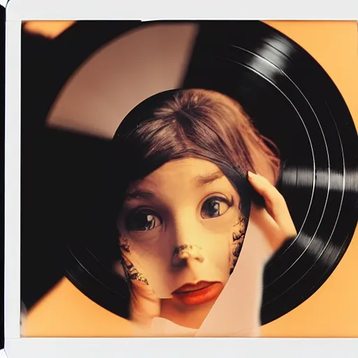 Image similar to close - up, photo of girl in a mask of a magpie, in a hoodie, holding a vinyl record, 9 0 - s, polaroid photo, by warhol,