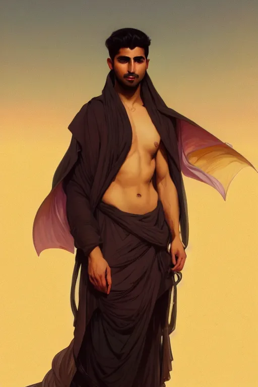 Image similar to full figure beautiful young fit arabic man with dark skin, dressed with multicolored fluent clothes, luminous scene, by greg rutkowski and alphonse mucha, d & d character, gradient white to gold, in front of a dune desert background, highly detailed portrait, digital painting, artstation, concept art, smooth, sharp focus illustration, artstation hq