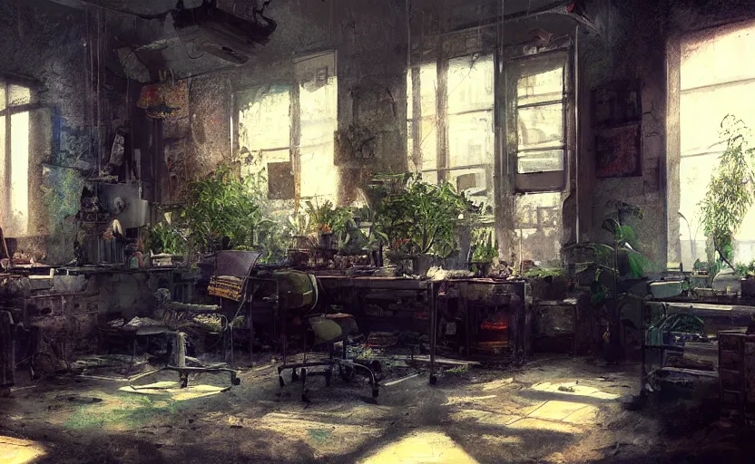 Image similar to a stylish artist studio interior, messy, many plants, drafting table, easel, painting by Craig Mullins, octane rendering, warm moody lighting, wide angle lens, low view, in the style of blade runner, trending on artstation,