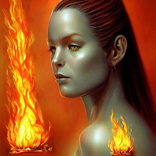 Image similar to A stunning portrait of a goddess with a body of flames by Jim Burns, fantasy, Trending on artstation.