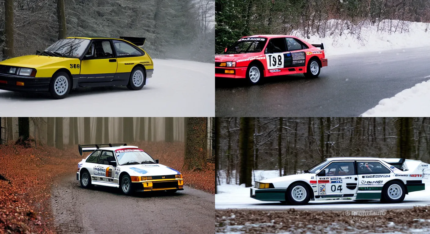 Prompt: a 1 9 8 9 lotus carlton, racing through a rally stage in a snowy forest