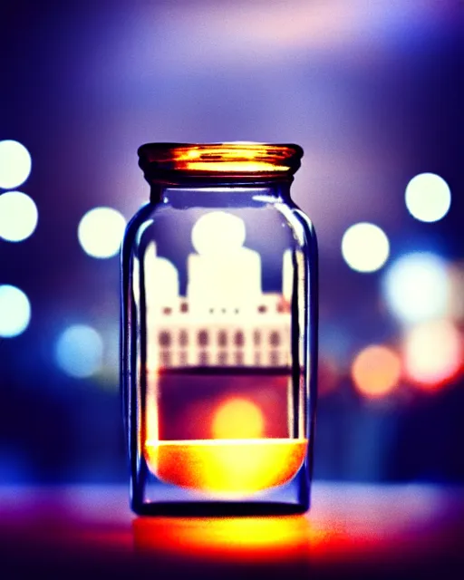 Prompt: a tiny city inside a glass jar, bokeh, dramatic lighting, hyperrealistic, highly detailed