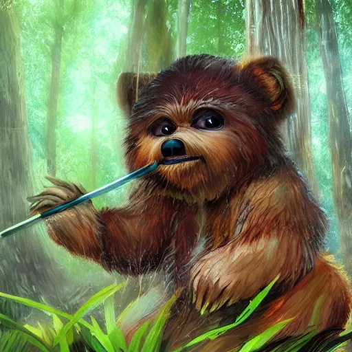 Prompt: cute ewok bathing in the forest, artstation, colorful