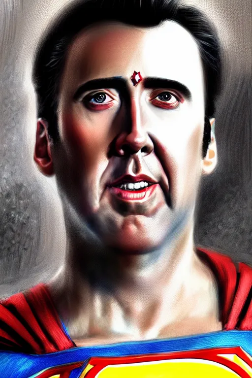 Prompt: portrait of nicolas cage as superman looking away from the camera, intricate, extremely detailed digital painting by greg rutkowski, artstation