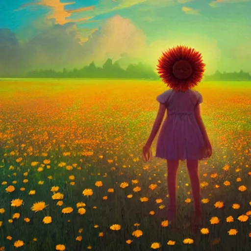 Image similar to giant daisy flower face, full body girl standing in a flower field, surreal photography, sunrise, dramatic light, impressionist painting, colorful clouds, digital painting, artstation, simon stalenhag