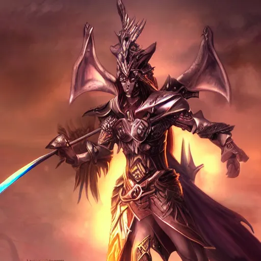 Image similar to the dark elf from lineage 2, with a sword on a dragon, digital painting, super detail,