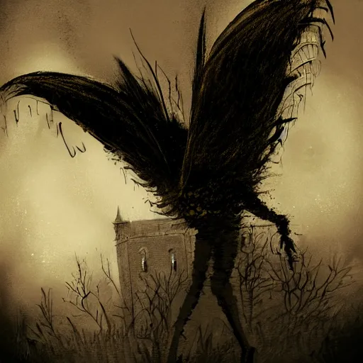 Prompt: a concept art of the mothman, horror vibe, creepy atmosphere, night time, old photo