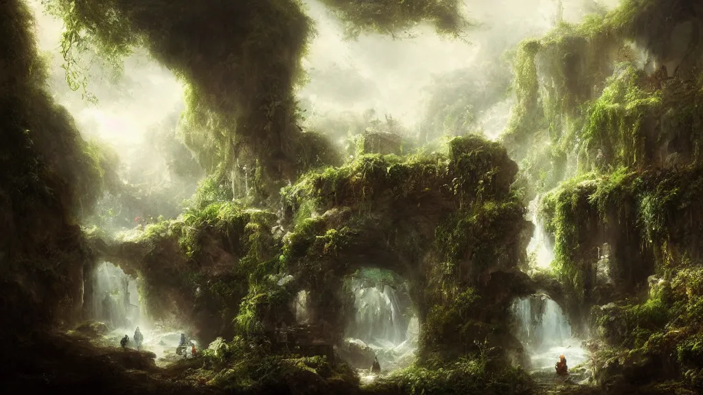 Image similar to hidden in the stone cavern is a secret garden. andreas achenbach, artgerm, mikko lagerstedt, zack snyder, tokujin yoshioka