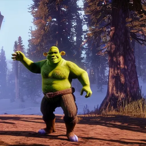 Image similar to gameplay footage of Shrek in red dead redemption 2