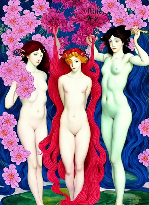 Image similar to 3 Spring Muses symbolically representing March, April, and May, in a style blending Æon Flux, Peter Chung, Shepard Fairey, Botticelli, Ivan Bolivian, and John Singer Sargent, inspired by pre-raphaelite paintings, shoujo manga, and cool Japanese street fashion, dramatically blossoming flora and fauna, petals falling everywhere, pastel vivid triad colors, hyper detailed, super fine inking lines, ethereal and otherworldly, 4K extremely photorealistic, Arnold render