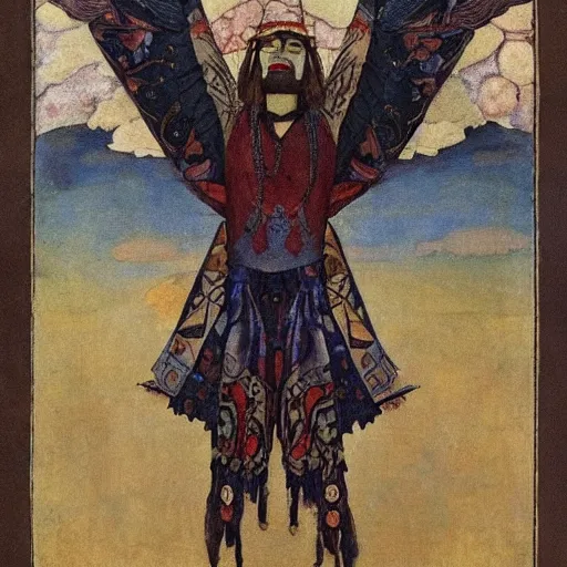 Image similar to the crow prince, by Annie Swynnerton!!!! and Nicholas Roerich! and (Edmund Dulac) and (((Diego Rivera))), embroidered brocade, tattoos, elaborate costume, geometric ornament, symbolist, rich colors, dramatic lighting, smooth, sharp focus, extremely detailed