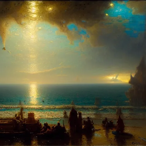 Prompt: point of view of botom of the ocean looking up, see fishes, the milk way, night time, midnight, no sunlight. highly detailed painting by gaston bussiere, greg rutkowski 8 k