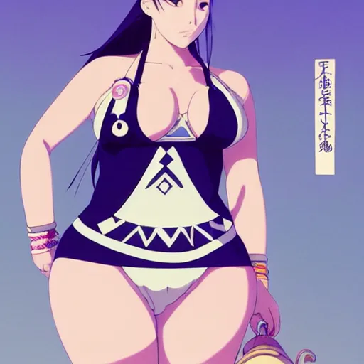 Image similar to a beautiful plus sized model japanese natalie portman, alluring plus sized model, wearing mayan leotard with elegant mayan apron overalls, street fashion hip hop style with mayan patterns, aztec street fashion, gapmoe yandere grimdark, trending on pixiv fanbox, painted by greg rutkowski makoto shinkai takashi takeuchi studio ghibli, akihiko yoshida