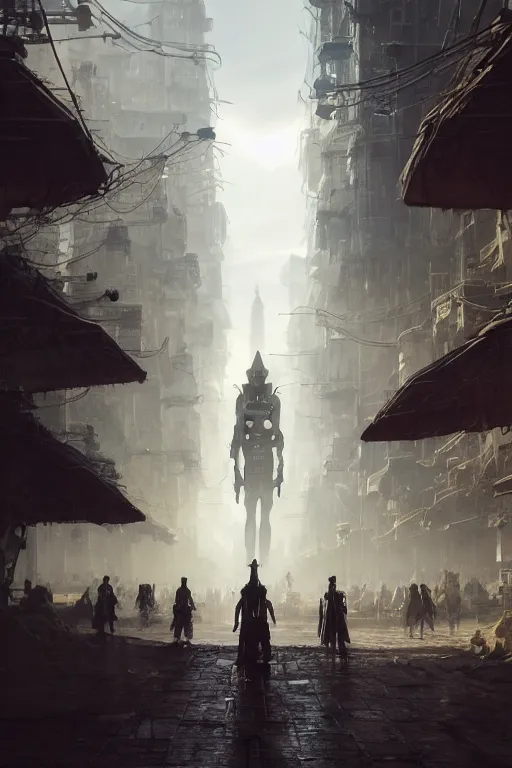 Image similar to a portrait of a robot in the middle foreground walking in the street of an elven city by Greg Rutkowski, Sung Choi, Mitchell Mohrhauser, Maciej Kuciara, Johnson Ting, Maxim Verehin, Peter Konig, final fantasy , mythical, 8k photorealistic, cinematic lighting, HD, high details, atmospheric,