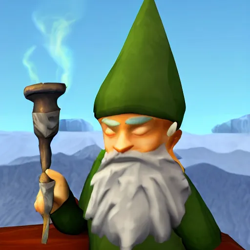 Prompt: Runescape Gnome Child smoking marijuana on top of White Wolf Mountain