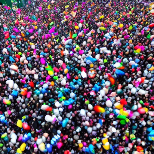 Prompt: a large crowd hundred people in a pillowfight very colorful feathers flying everywhere