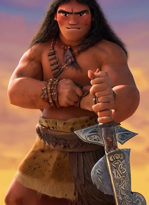 Prompt: teenage conan the barbarian leans on his sword. smirking arrogantly at a vulture. desert background. digital art. animated feature. 3 d pixar and disney!! in the style of pixar, moana, jeff pidgeon, glenn mcqueen, and tony fucile.