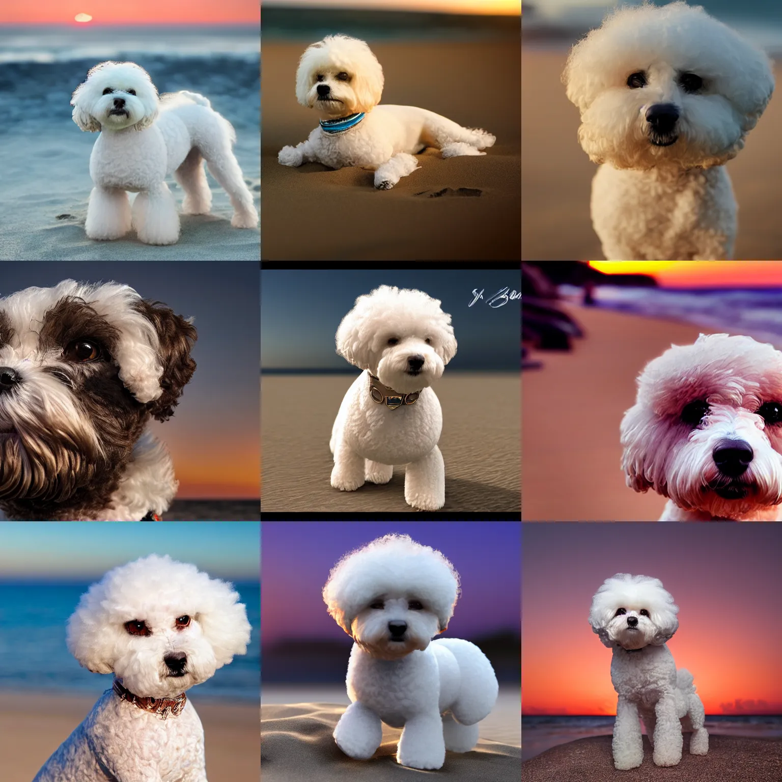 Prompt: a closeup photorealistic photograph of a Snoop Dogg style bichon frise at the beach during sunset This 4K HD image is Trending on Artstation, featured on Behance, well-rendered, extra crisp, features intricate detail and the style of Unreal Engine.