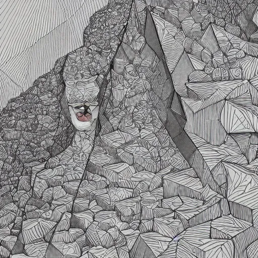 Image similar to Geometrically surreal cliffs, extremely high detail, photorealistic, intricate line drawings, dotart, album art in the style of James Jean