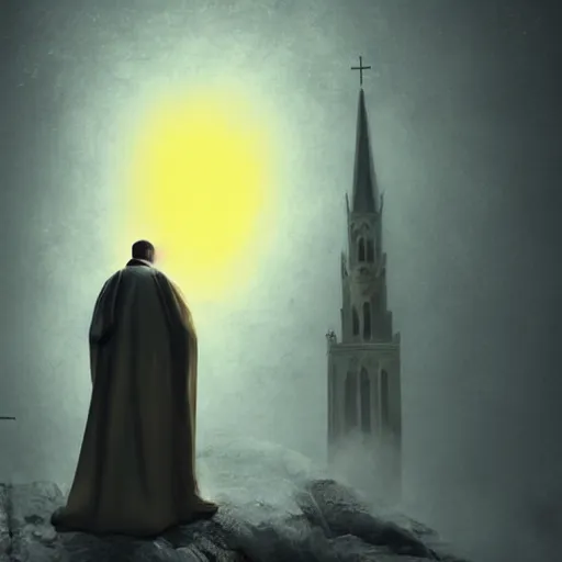 Prompt: A terrified catholic priest in his thirties kneeled in fervent prayer at the summit of a tall medieval tower. Eyes are wide open with fear looking straight at the viewer. Dressed in white. An ominous yellow shadow is descending upon him from the night sky. Award-winning digital art, trending on ArtStation