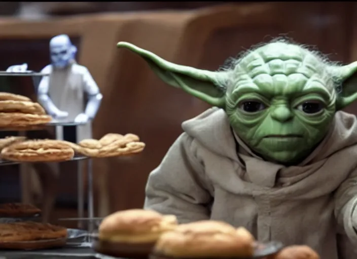 Image similar to film still of yoda working as a pastry chef in the new Star Wars movie, 4k