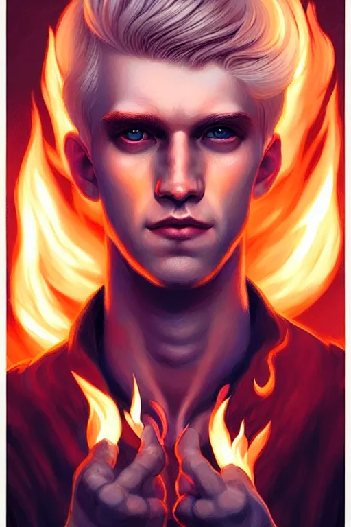 Image similar to character art by tom bagshaw, young man, blonde hair, on fire, fire powers