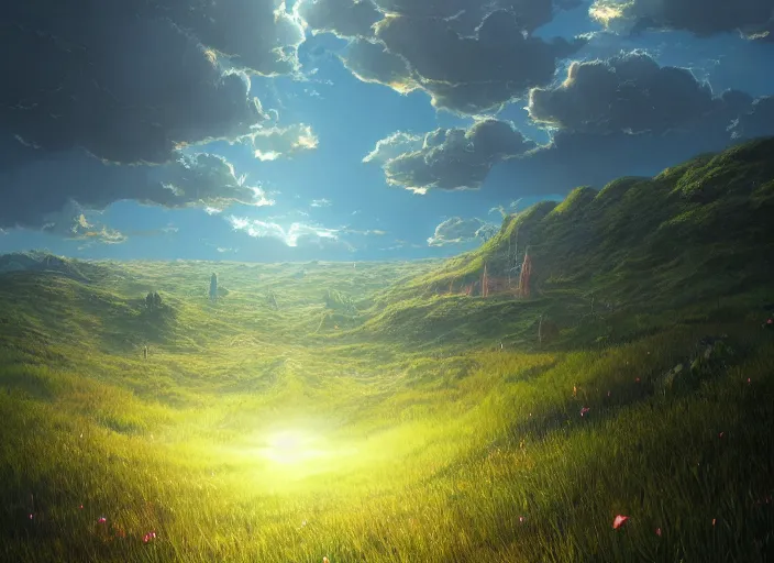 Prompt: multi-dimensional rift leading to many worlds in a grassy plain, a fantasy digital painting by Makoto Shinkai, trending on Artstation, highly detailed