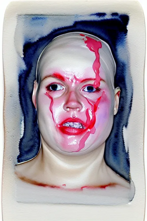 Prompt: watercolor, a liquid white clay porcelain portrait of a face melt down flow go runny, body painted with white thick fluid by marlene dumas, realistic detailed watercolor polaroid, grainy image, contrast