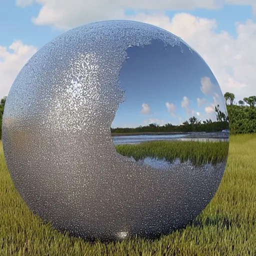 Image similar to a large metallic ball with a mirror finish sits in the florida everglades covered in mud, photorealistic