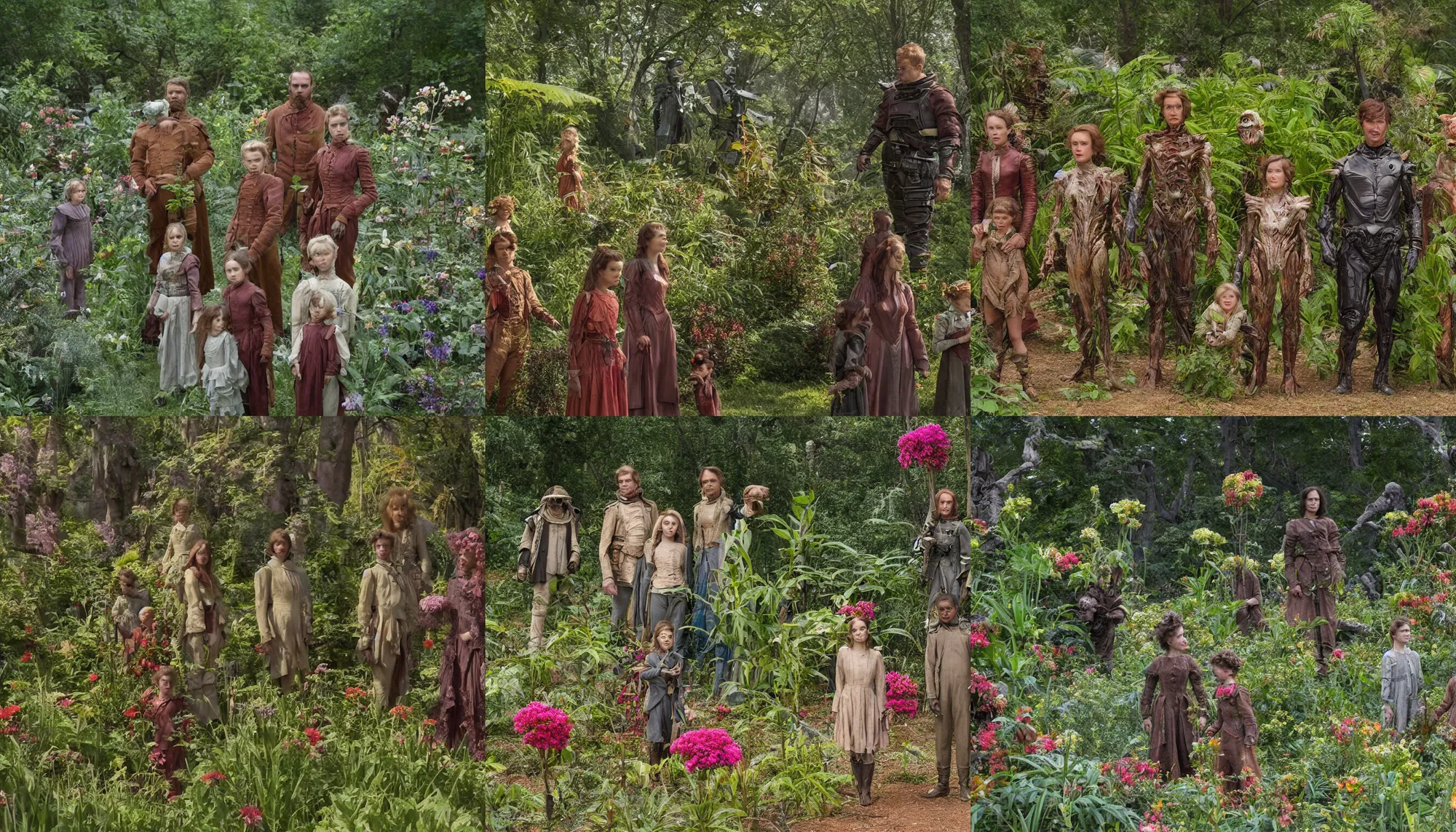 Prompt: sharp, highly detailed, 435456k film, 1612800mm film still from a sci fi blockbuster color movie made in 2019, set in 1860, of a family standing in a park, next to some strange alien plants and flowers, on an alien planet, the family are all wearing 1860s era clothes, good lighting, good photography, ultra high definition, in focus, 35mm macro lens