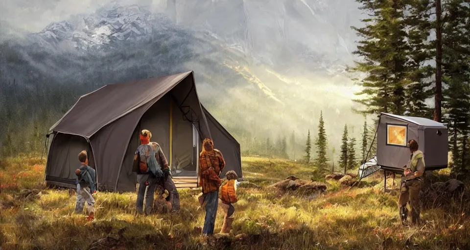 Prompt: cabela's beautiful comfortable carbon framed, modular insulated wall portable container home kit - house all weather family dwelling tent house, person in foreground, mountainous forested wilderness open fields, beautiful views, painterly concept art, environmental concept art, concept art illustration, by james gurney, by craig mullins, by greg rutkowski trending on artstation