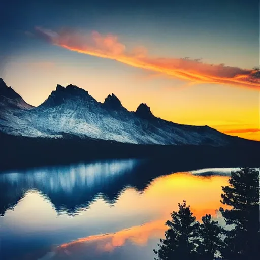 Image similar to sunset above blue lake, beautiful landscape, high detail, instagram photo, professional dslr photo, creative composition, beautiful composition