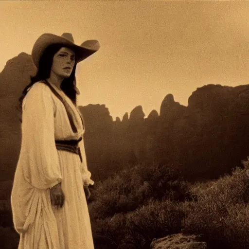 Image similar to photo, a woman wearing a giant wide flowy sheet with a still frame from a vintage western cowboy movie on it, standing inside a dark western rocky scenic landscape, volumetric lighting