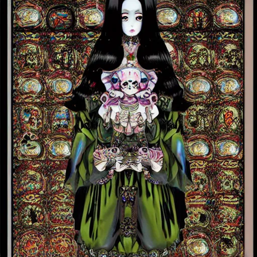 Image similar to baroque bedazzled gothic royalty frames surrounding a pixelsort emo demonic horrorcore japanese beautiful early computer graphics automaton doll, by guro manga artist Shintaro Kago