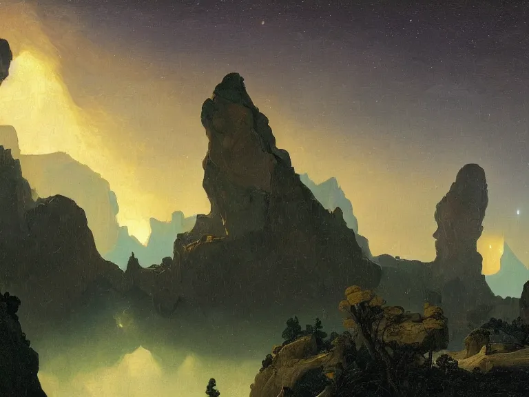 Prompt: an oil painting of a canyon on an alien planet with a distant mountain at dusk with aurora lighting up the sky by carl spitzweg and tuomas korpi. baroque elements, full-length view. baroque element. intricate artwork by caravaggio. Trending on artstation. 8k