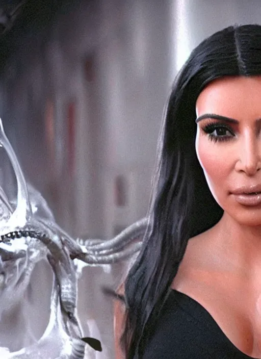 Image similar to film still of kim kardashian being ingested by an xenomorph, alien goo, transparent goo, transparent liquid, saliva, 8 k