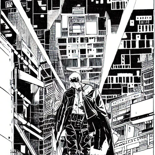 Image similar to cyberpunk hacker pen and ink illustration by tatsuki fujimoto manga panel