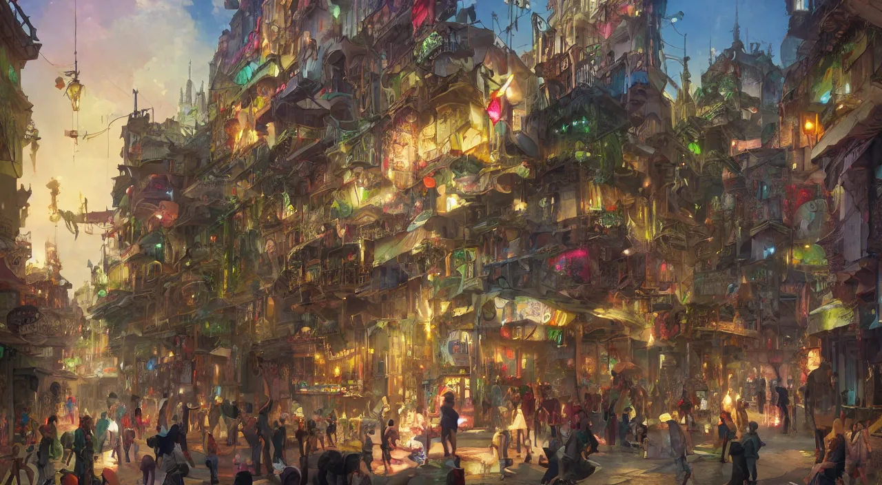 Image similar to bazaar zouk oriantal place mosquet multicolorful sky shine matte painting, street art, trending on artstation, by huang guangjian and gil elvgren and sachin teng