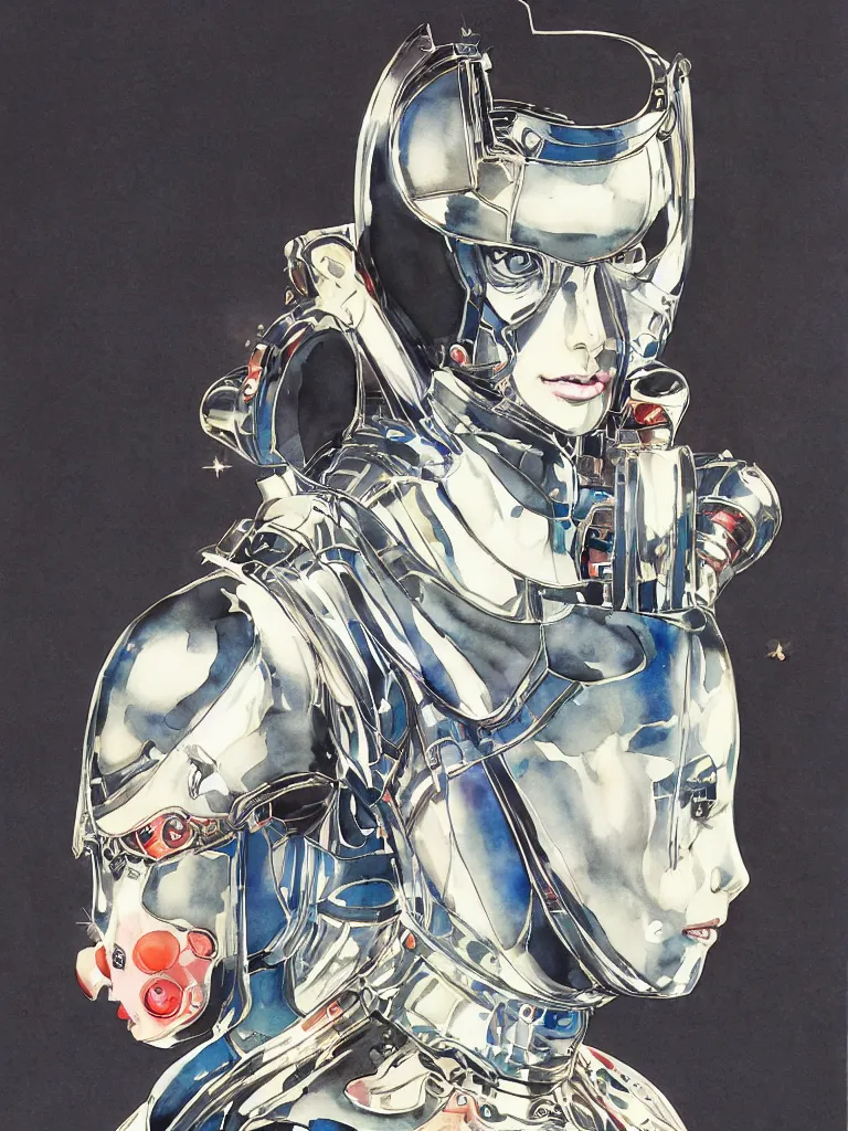 Image similar to a Royal portrait of chrome android woman as illustrated by Yoshitaka Amano. 1991. Watercolor and Acrylic on Paper