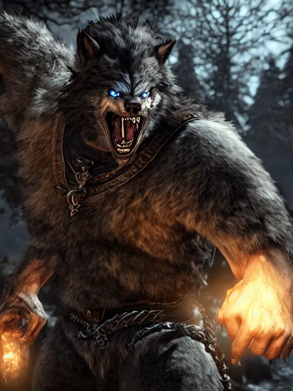 Image similar to cute handsome cuddly burly surly werewolf from van helsing unreal engine hyperreallistic render 8k character concept art masterpiece screenshot from the video game the Elder Scrolls V: Skyrim