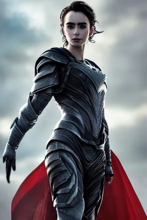 Image similar to a fancy close up of Lily Collins as Man of Steel full body armor by Greg Rutkowski, Sung Choi, Mitchell Mohrhauser, Maciej Kuciara, Johnson Ting, Maxim Verehin, Peter Konig, 8k photorealistic, cinematic lighting, HD, high details, dramatic, trending on artstation, full body shot