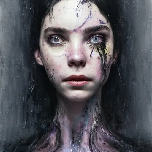 Image similar to alien dark fae girlboss based on jennifer connelly mixed with anya taylor - joy, bumpy mottled skin, big black feathered wings instead of arms, body horror, expressive oil painting, by yoshitaka amano, by greg rutkowski, by jeremy lipkinng, by artgerm, digital art, octane render