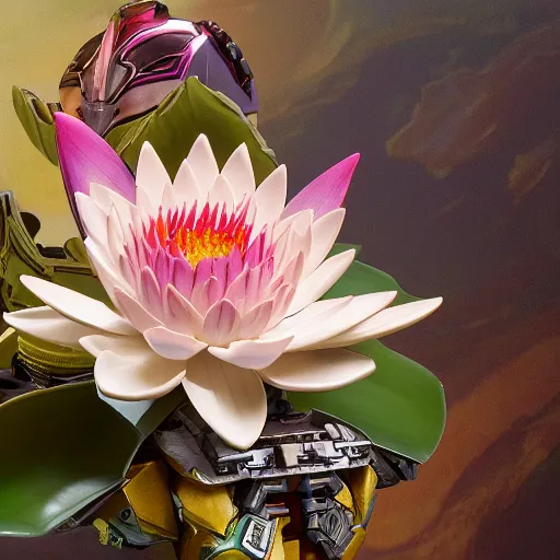 Prompt: futuristic nymphaea mecha waterlily upper body, sepals forming helmet, floral details, nymphaea, 8 k hd resolution, barbatos gundam with floral inlay, bandai box art, star wars, makoto kobayashi, frank gehry, raymond swanland