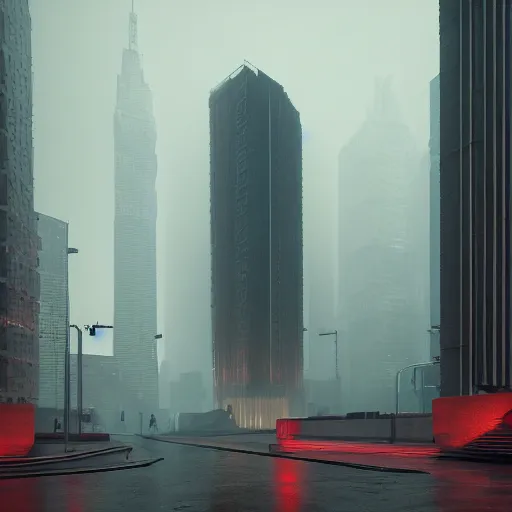 Image similar to in a city with a rich history, the communist building stands in the middle, brutalism, blade runner 2 0 4 9, highly detailed, cinematic landscape ， foggy ， octane render ， trending on artstation,