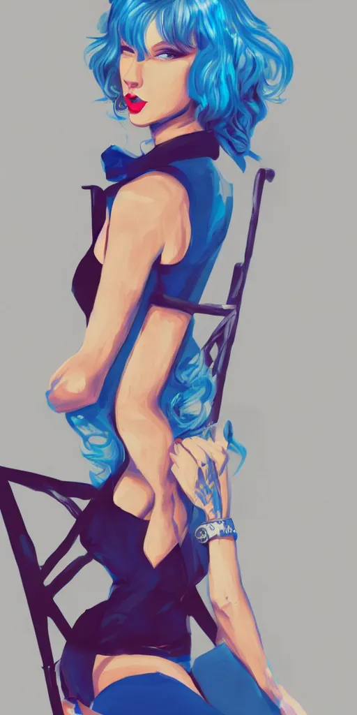 Prompt: a fully shaded 2 d art of taylor swift sitting on a chair with short blue hair, art by matthew orders, trending on artstation