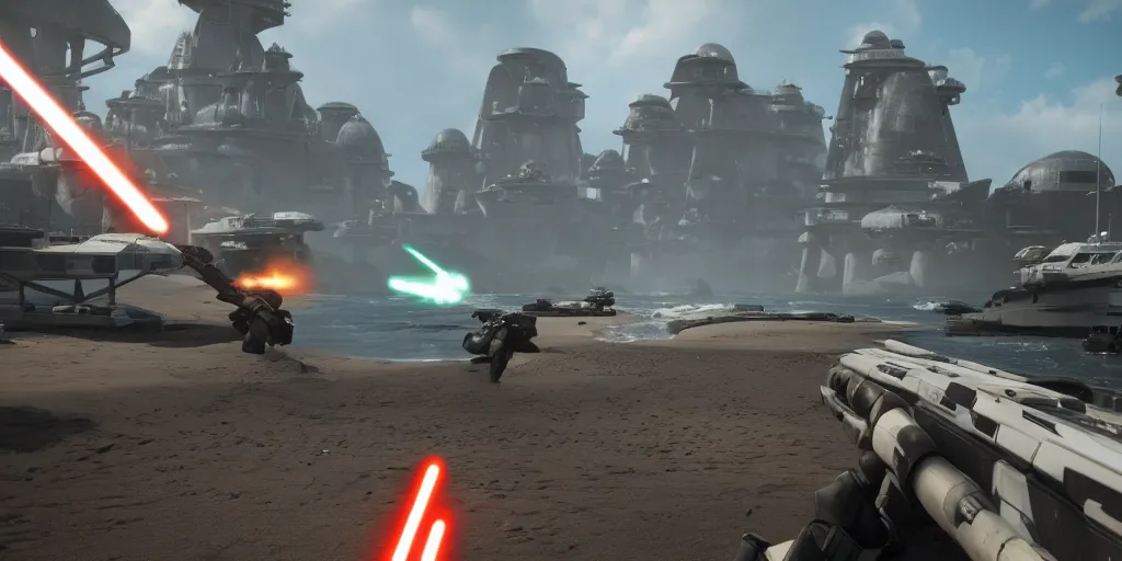 Image similar to screenshot of shore trooper, on scarif, ea star wars battlefront 2015, shooting lazers, highly detailed