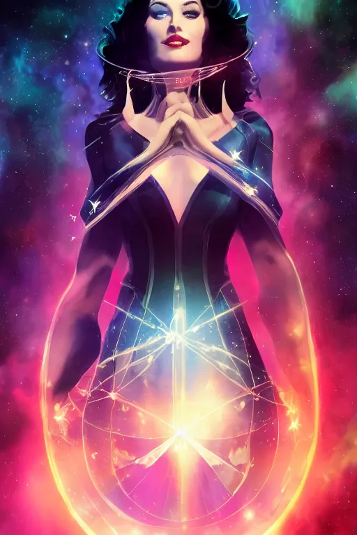 Image similar to a zatanna dc comics, wearing a dress made of stars and nebulae, dramatic, volumetric lighting, planets in the background, smooth, sharp focus, very detailed, by greg rutkowski, artstation, tom badshaw, 8 k, symmetrical face