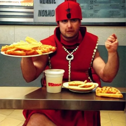 Image similar to roman centurion eating at a mcdonalds, swag