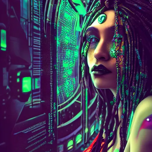 Image similar to Cyberpunk rasta woman, dark atmosphere, cinematic shot, intricate, ornate, photorealistic, ultra detailed, realistic, 35mm, photography, neon, octane, high definition, depth of field, bokeh, 8k, artstation, (alphonse mucha), (hr giger)