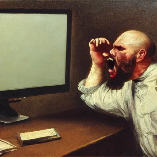 Image similar to an angry man yells at his computer monitor, oil on canvas, 1 8 8 3, highly detailed